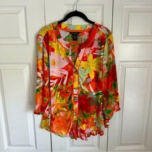 Investments Womens Pleated Crochet Orange Floral Top Sz PXL Resortwear Office